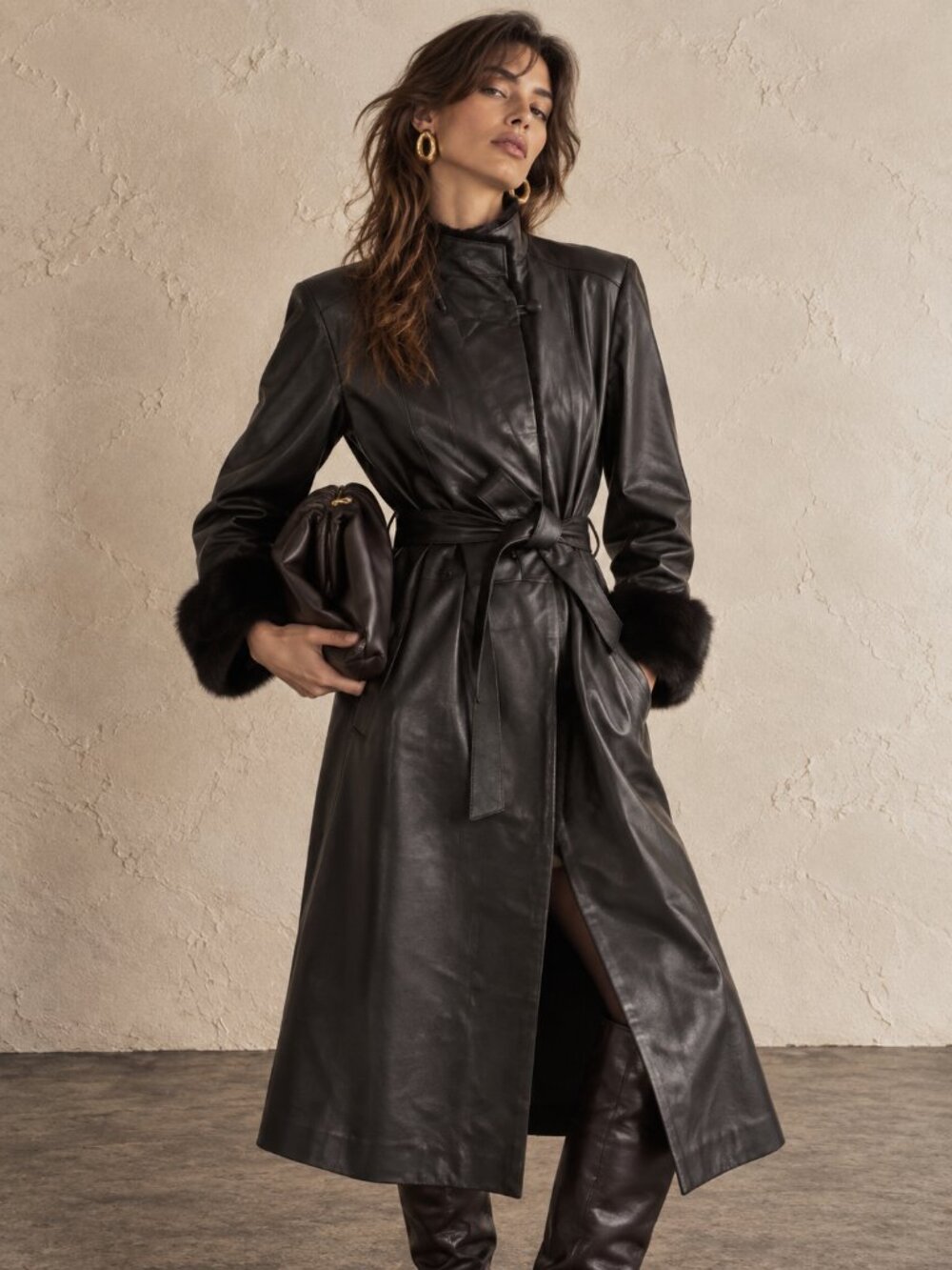90s Vintage Black Leather Trench Coat with High Neck Funnel Collar and Fur Cuffs